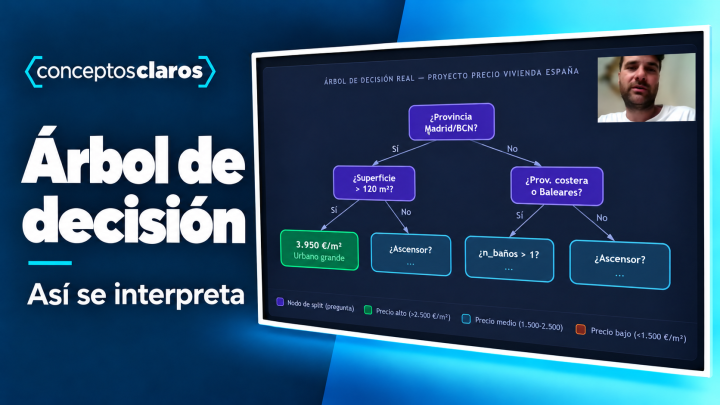 Cómo interpretar un árbol de decisión, con ramas de provincia y superficie y un ejemplo de precio de vivienda por m².